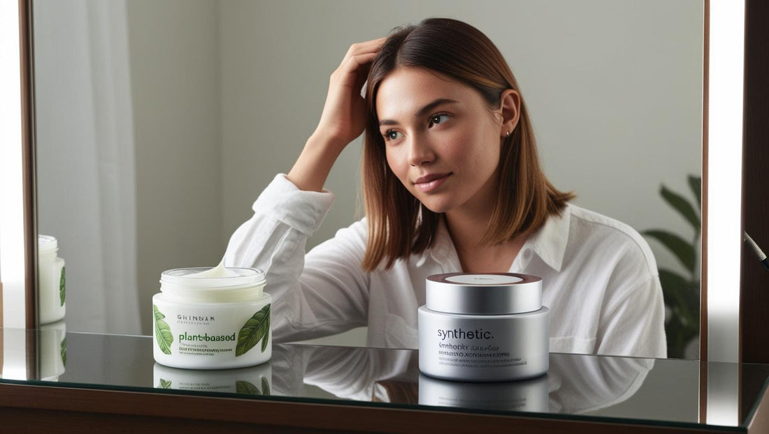 Woman trying to decide between natural or synthetic skincare